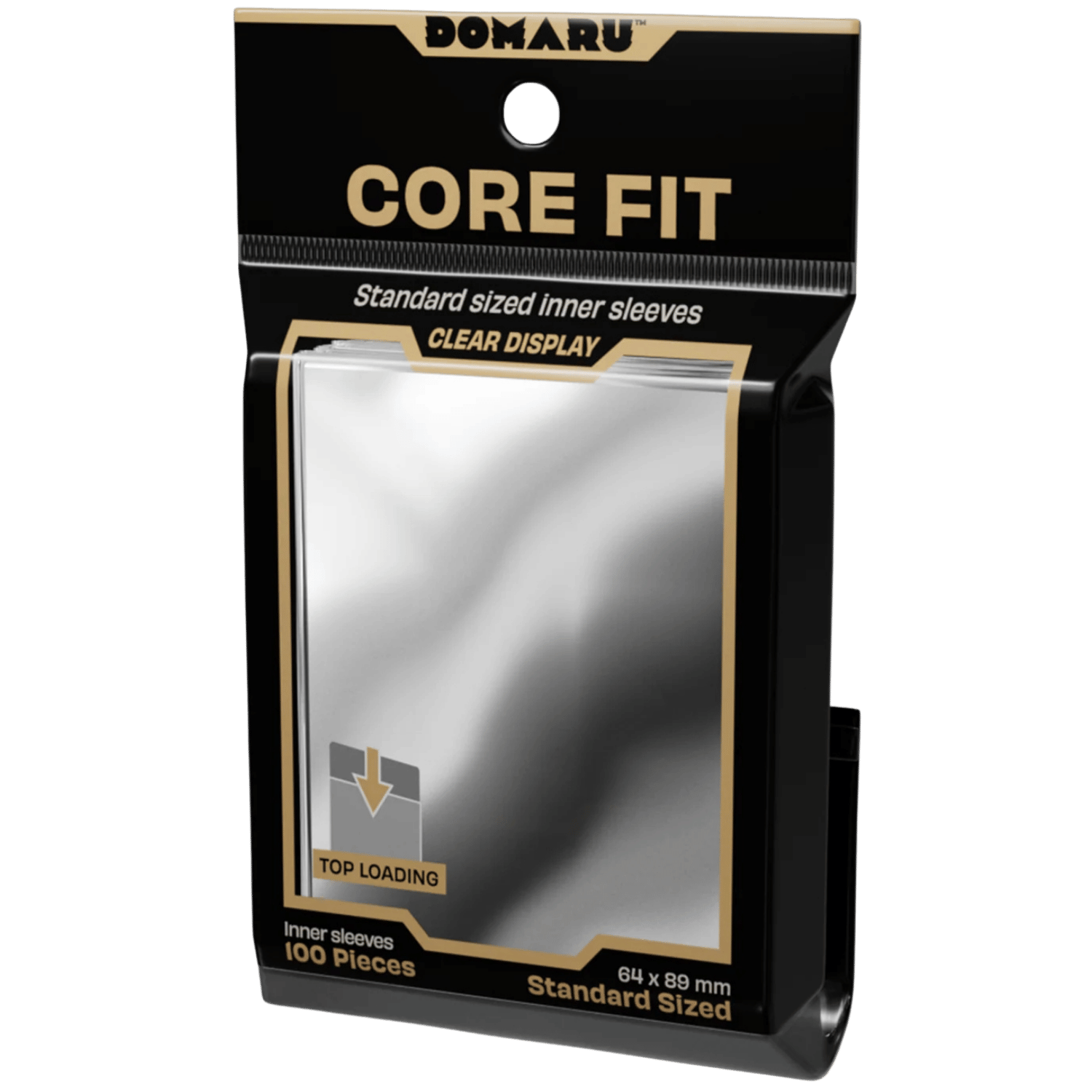 Gatherers' Tavern: Domaru Core Fit Standard Sized Card Sleeve 100ct - Clear - Clear standard-sized Domaru Core Fit card sleeves pack with black and gold accented packaging, 100 pieces.