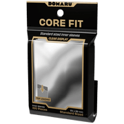 Gatherers' Tavern: Domaru Core Fit Standard Sized Card Sleeve 100ct - Clear - Clear standard-sized Domaru Core Fit card sleeves pack with black and gold accented packaging, 100 pieces.