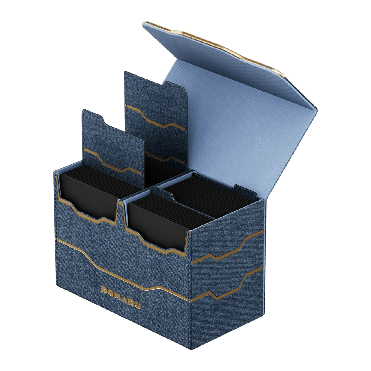 Gatherers' Tavern: Domaru Armory Collection Vertex Duo 200+ Deck Box - Lazulite (PREORDER) - Blue Lazulite textured deck box with gold accents, two compartments, and a hinged lid opened.