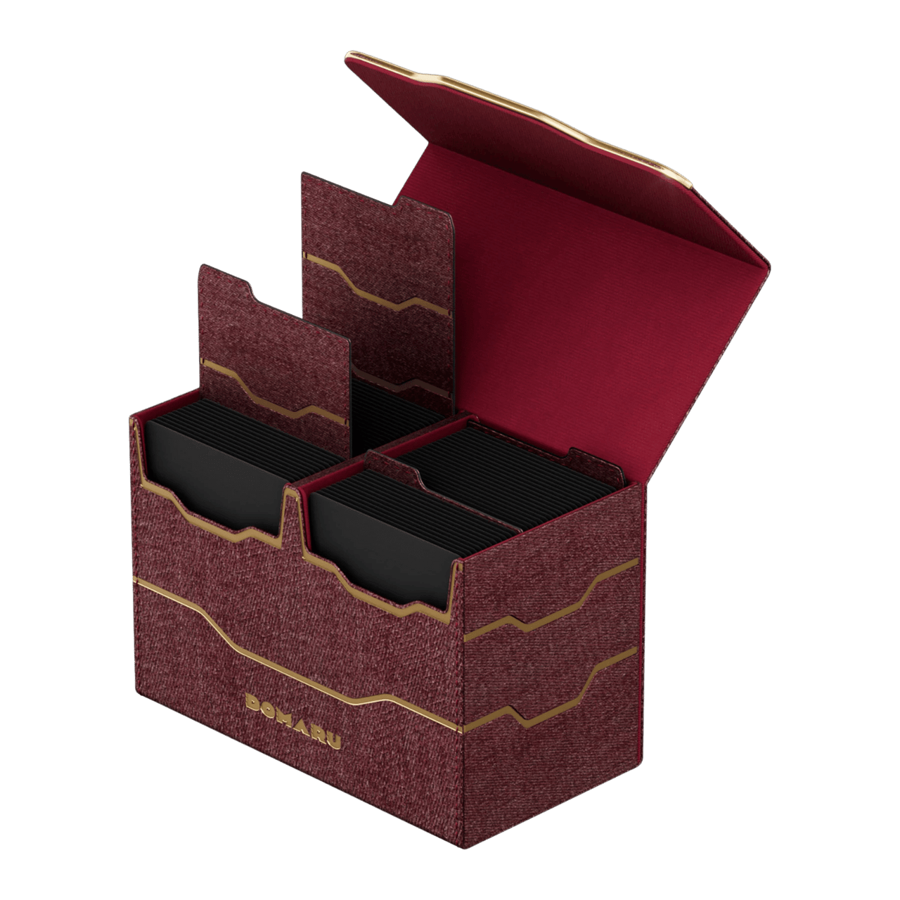 Gatherers' Tavern: Domaru Armory Collection Vertex Duo 200+ Deck Box - Carnelian (PREORDER) - Rectangular maroon deck box with gold wave accents, hinged lid, and dual black compartments for over 200 cards.