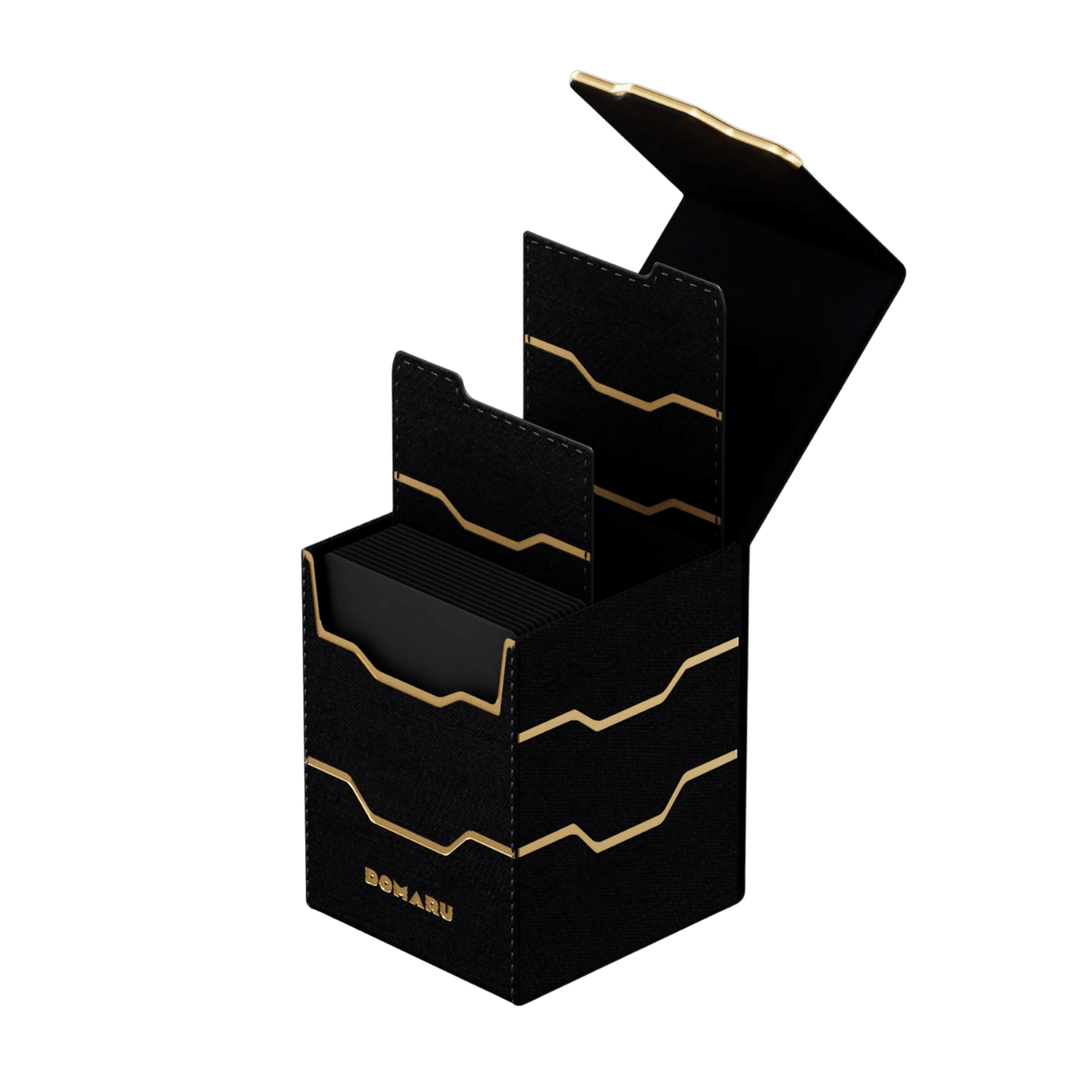 Gatherers' Tavern: Domaru Armory Collection Vertex 100+ Deck Box - Obsidian (PREORDER) - Black rectangular deck box with gold geometric lines and a flip-top lid, designed to organize cards.