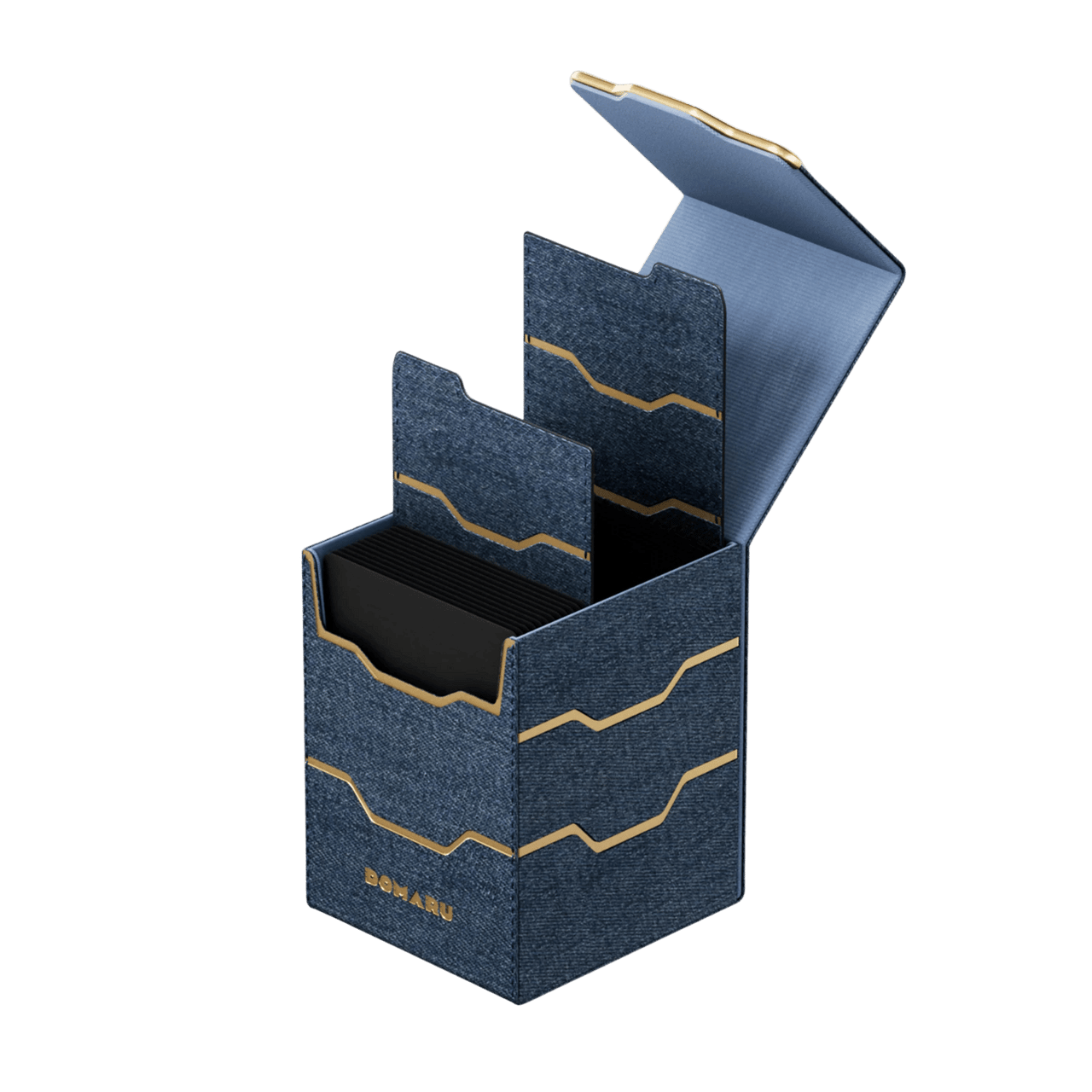Gatherers' Tavern: Domaru Armory Collection Vertex 100+ Deck Box - Lazulite (PREORDER) - Dark blue textured deck box with gold geometric accents and multiple compartments, soft interior lining.