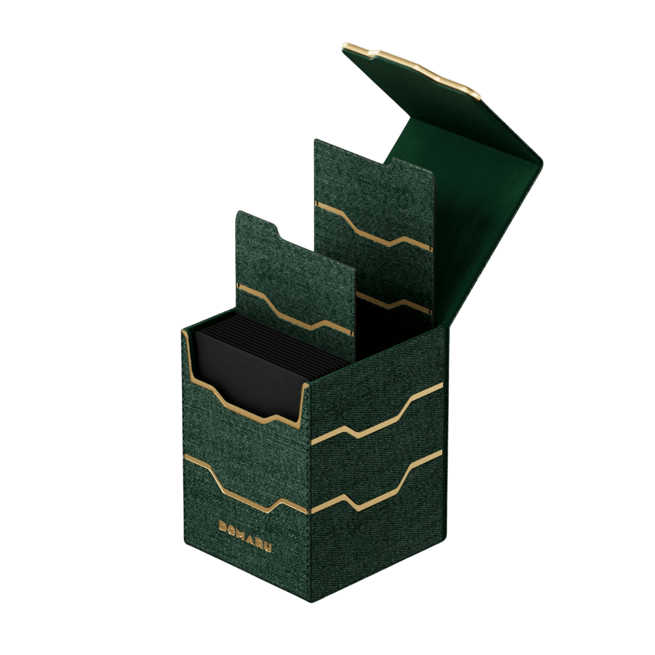 Gatherers' Tavern: Domaru Armory Collection Vertex 100+ Deck Box - Malachite (PREORDER) - Malachite green deck box with gold geometric lines, expandable compartments, and hinged lid for card storage.
