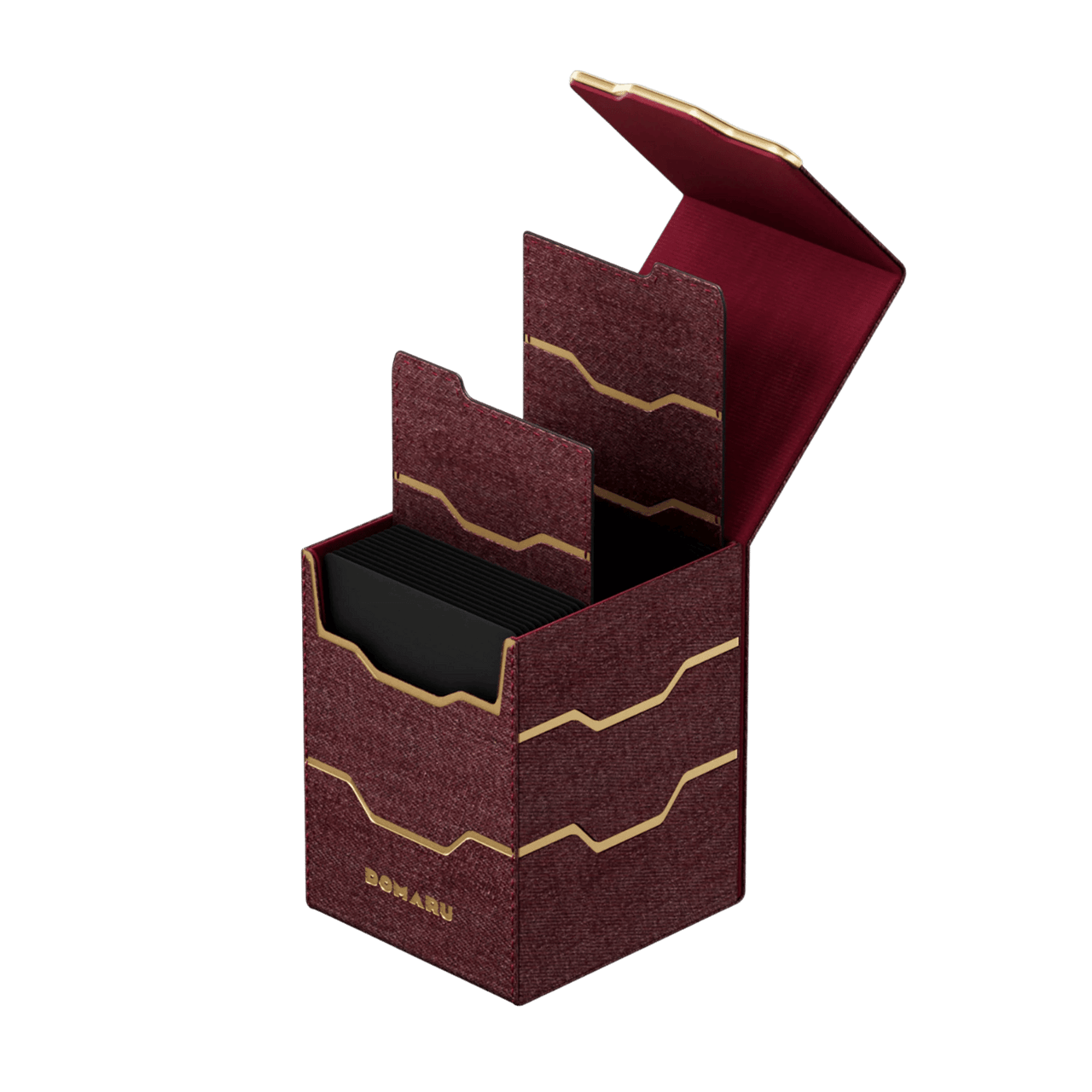 Gatherers' Tavern: Domaru Armory Collection Vertex 100+ Deck Box - Carnelian (PREORDER) - Rectangular maroon deck box with gold zigzag lines, hinged lid, and internal card dividers.