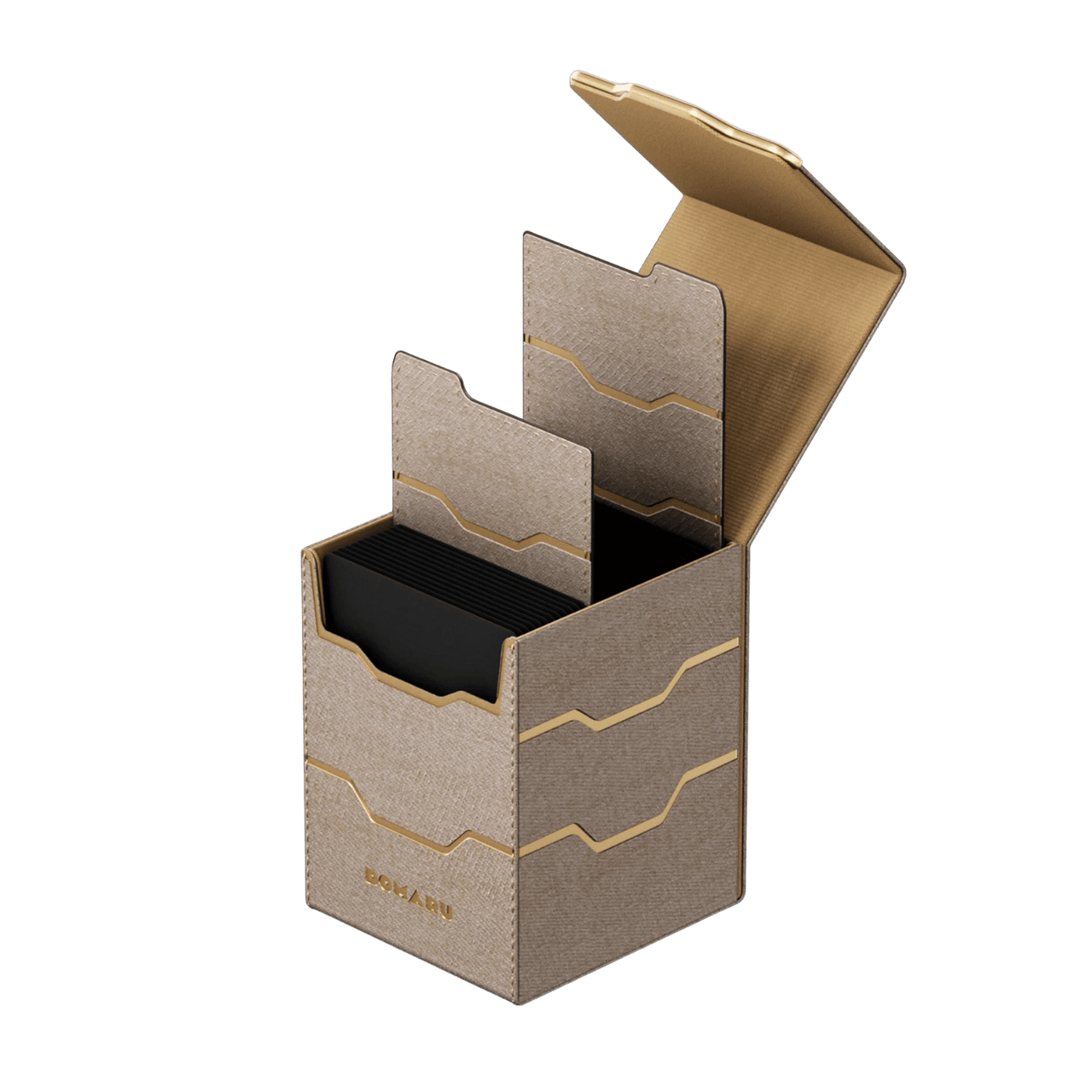 Gatherers' Tavern: Domaru Armory Collection Vertex 100+ Deck Box - Alabaster (PREORDER) - Alabaster gray rectangular deck box with gold geometric accents and hinged lid open showing inner compartments for card.
