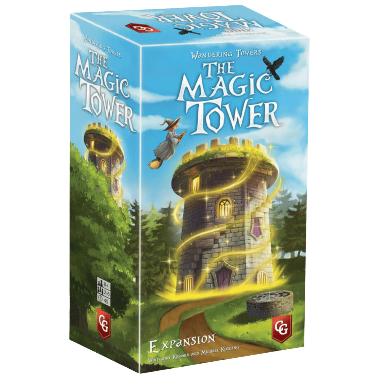Wandering Towers: The Magic Tower Expansion (PREORDER) - Tall fantasy tower with glowing windows and spiral staircase against a blue sky box for Magic Tower expansion game.