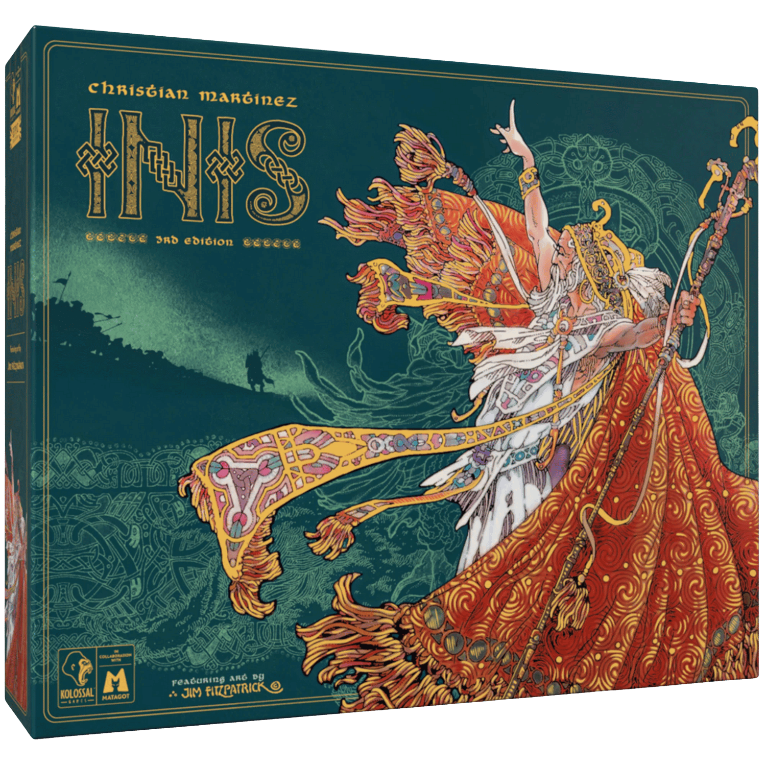 Inis: 3rd Edition (PREORDER) - Board game box with intricate gold and orange Celtic-inspired artwork featuring two cloaked figures on a dark teal.