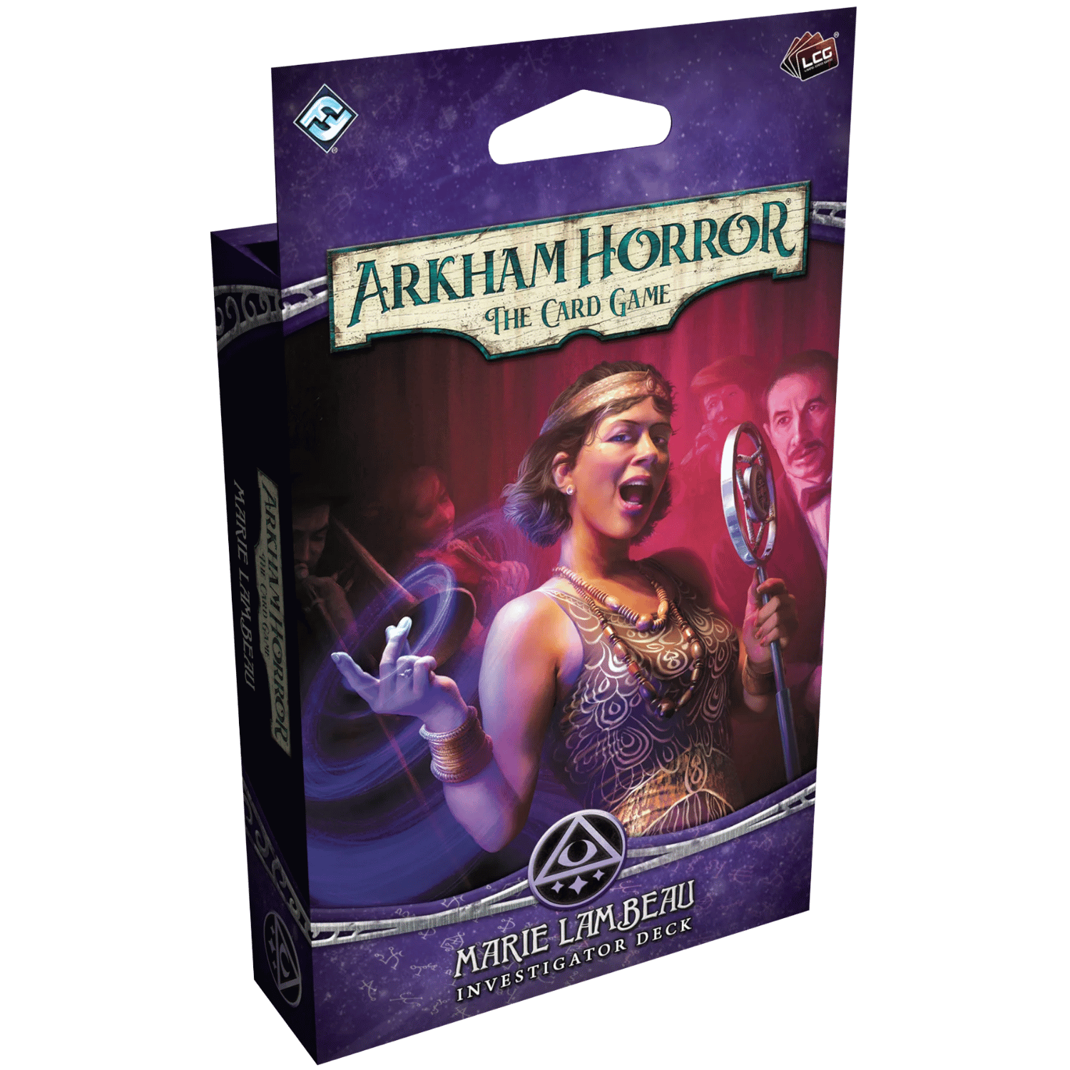 Arkham Horror: LCG: Marie Lambeau Investigator Deck (PREORDER) - Arkham Horror LCG Marie Lambeau Investigator Deck with purple and black box featuring a woman singing into a vintage.