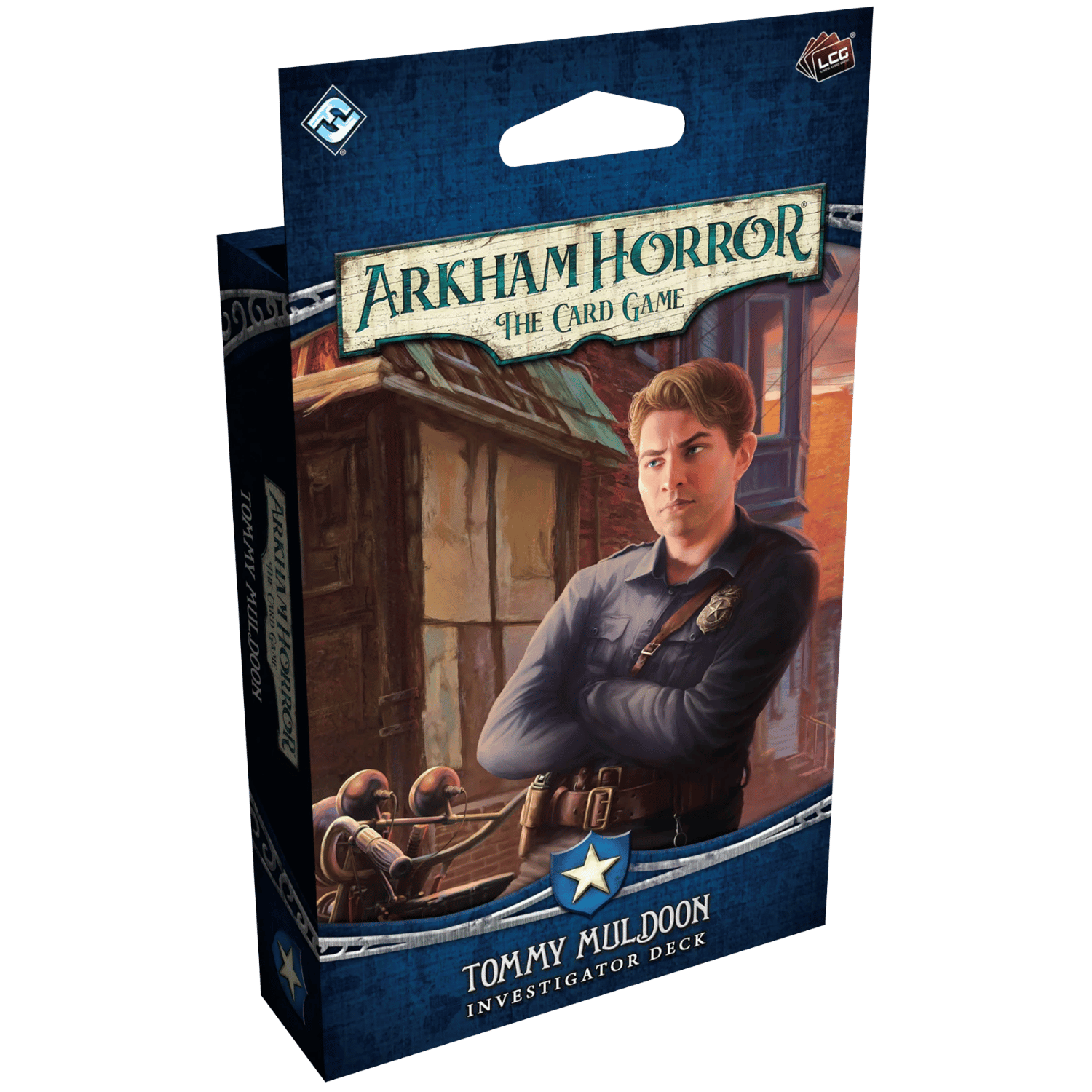 Arkham Horror: LCG: Tommy Muldoon Investigator Deck (PREORDER) - Arkham Horror LCG Tommy Muldoon Investigator Deck box with illustration of a man in a police uniform crossing arms against a