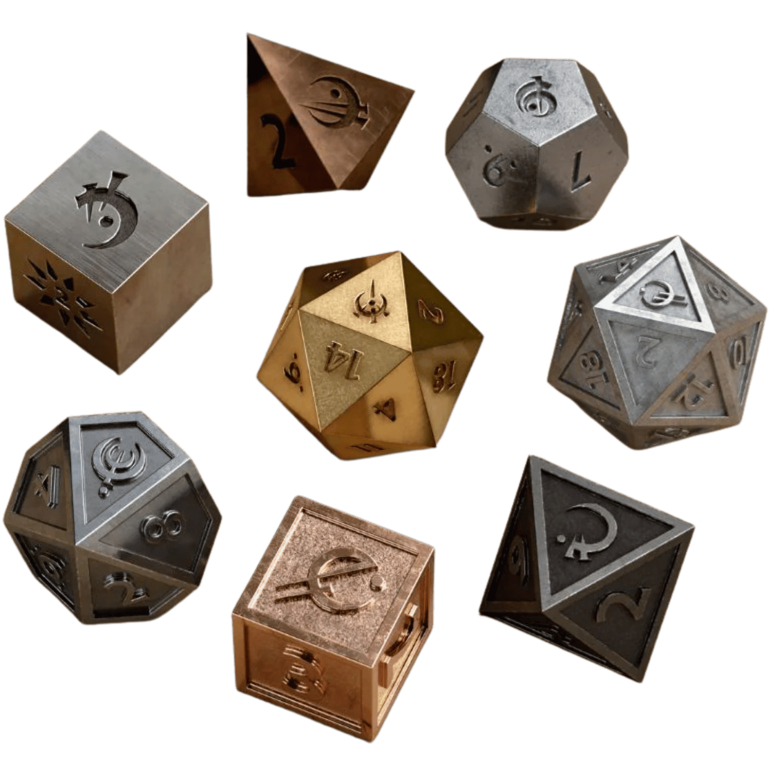 Cosmere RPG: Mistborn Deluxe Dice + Case (PREORDER) - Seven polyhedral metal dice in silver, bronze, gold, and black with engraved symbols and numbers, designed for tabletop RPGs.