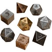 Cosmere RPG: Mistborn Deluxe Dice + Case (PREORDER) - Seven polyhedral metal dice in silver, bronze, gold, and black with engraved symbols and numbers, designed for tabletop RPGs.