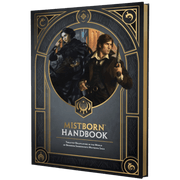 Cosmere RPG: Mistborn Handbook (PREORDER) - Dark gray hardcover book with gold ornate border and circular illustration of two characters, titled Mistborn Handbook in.