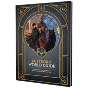 Cosmere RPG: Mistborn World Guide (PREORDER) - Black hardcover Mistborn World Guide book with gold decorative borders and a circular illustration of three characters in.
