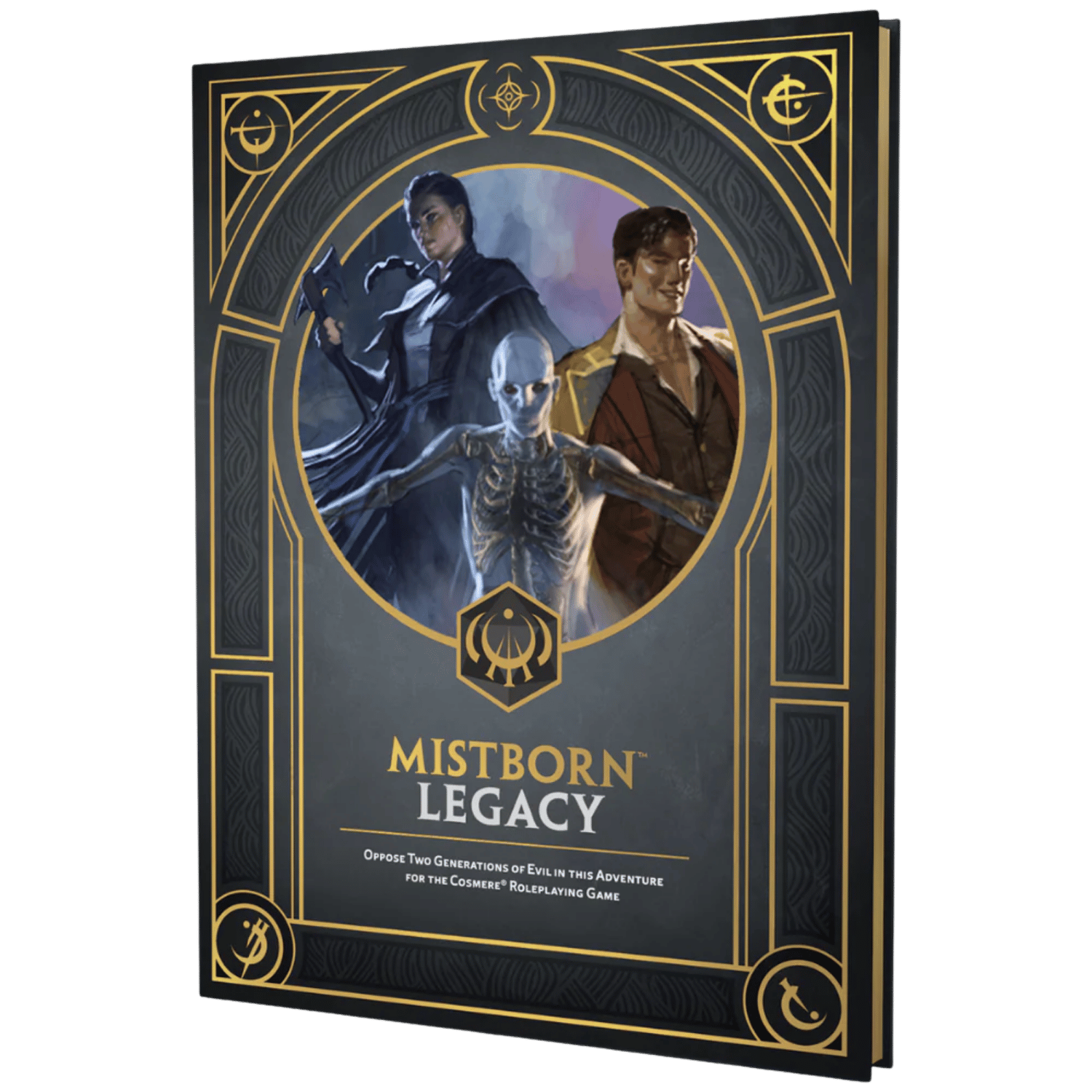 Cosmere RPG: Mistborn Legacy Adventure (PREORDER) - Dark gray hardcover RPG book with gold ornate frame and illustrations of three fantasy characters on the cover titled.