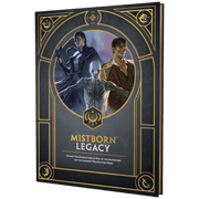 Cosmere RPG: Mistborn Legacy Adventure (PREORDER) - Dark gray hardcover RPG book with gold ornate frame and illustrations of three fantasy characters on the cover titled.