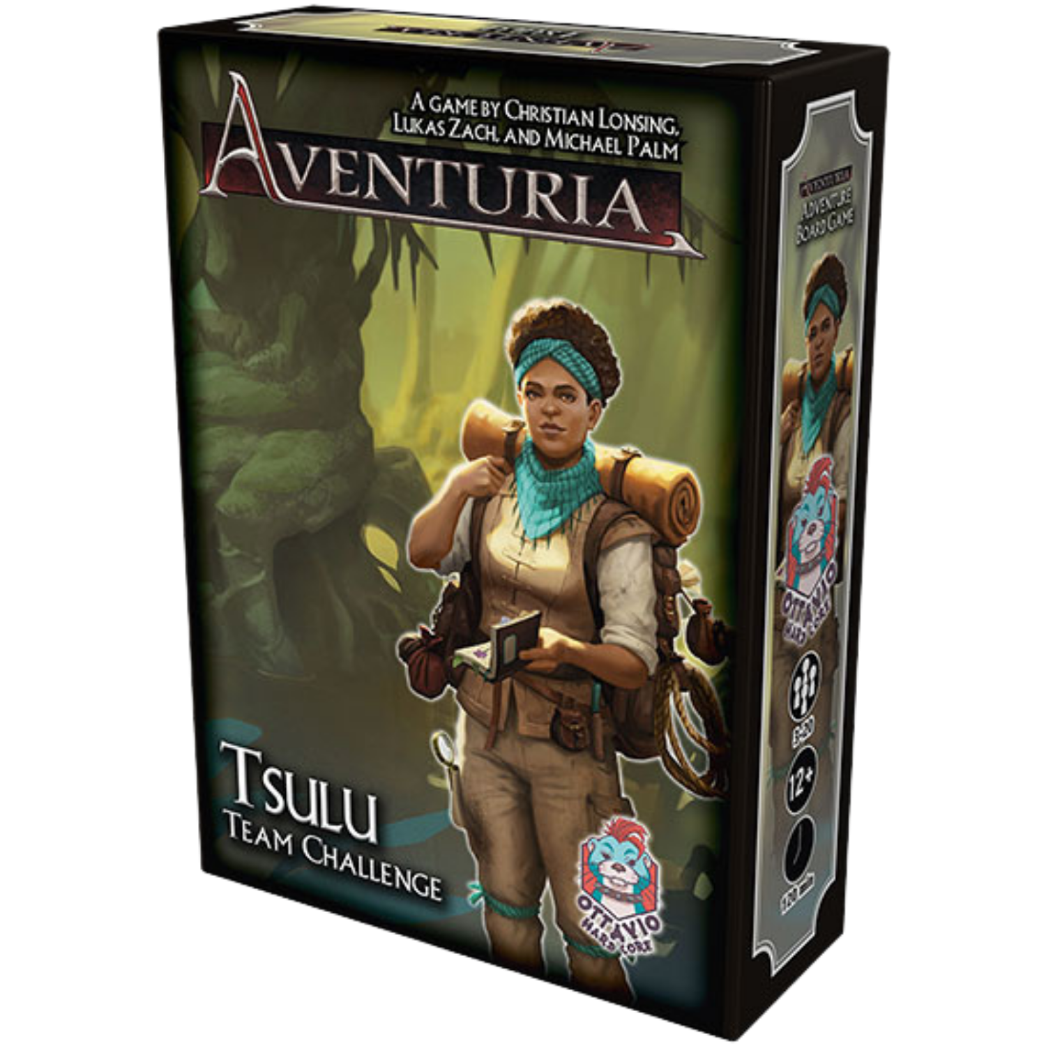 Aventuria Team Challenge: Tsulu (PREORDER) - Black and green box displaying a female adventurer in tan expedition gear with a blue scarf and backpack, labeled Aventuria.