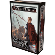 Aventuria Hero Set: Scion of the Manticore (PREORDER) - Boxed Aventuria Hero Set featuring a warrior with red cloak and sword, fantasy artwork on black background.