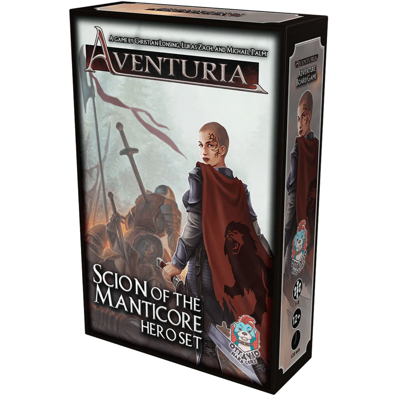 Aventuria Hero Set: Scion of the Manticore (PREORDER) - Boxed Aventuria Hero Set featuring a warrior with red cloak and sword, fantasy artwork on black background.