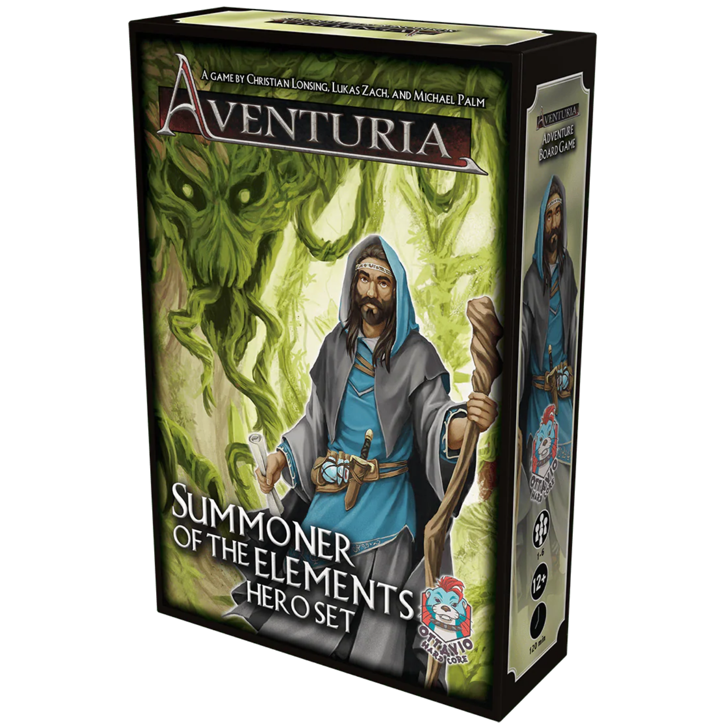 Aventuria Hero Set: Summoner of the Elements (PREORDER) - Boxed game expansion with fantasy artwork of a robed male summoner holding a staff conjuring green elemental spirits on a.