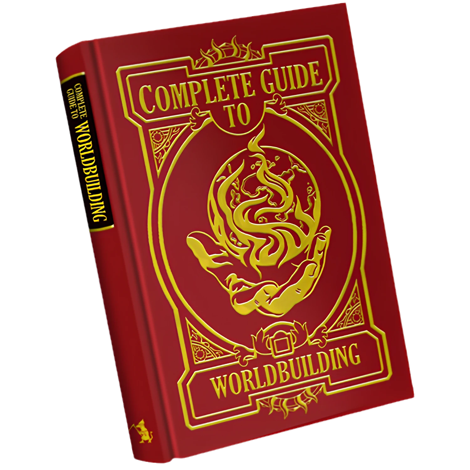 Complete Guide To Worldbuilding (PREORDER) - Red hardcover book titled Complete Guide to Worldbuilding with intricate gold dragon and hand illustration on cover and gold