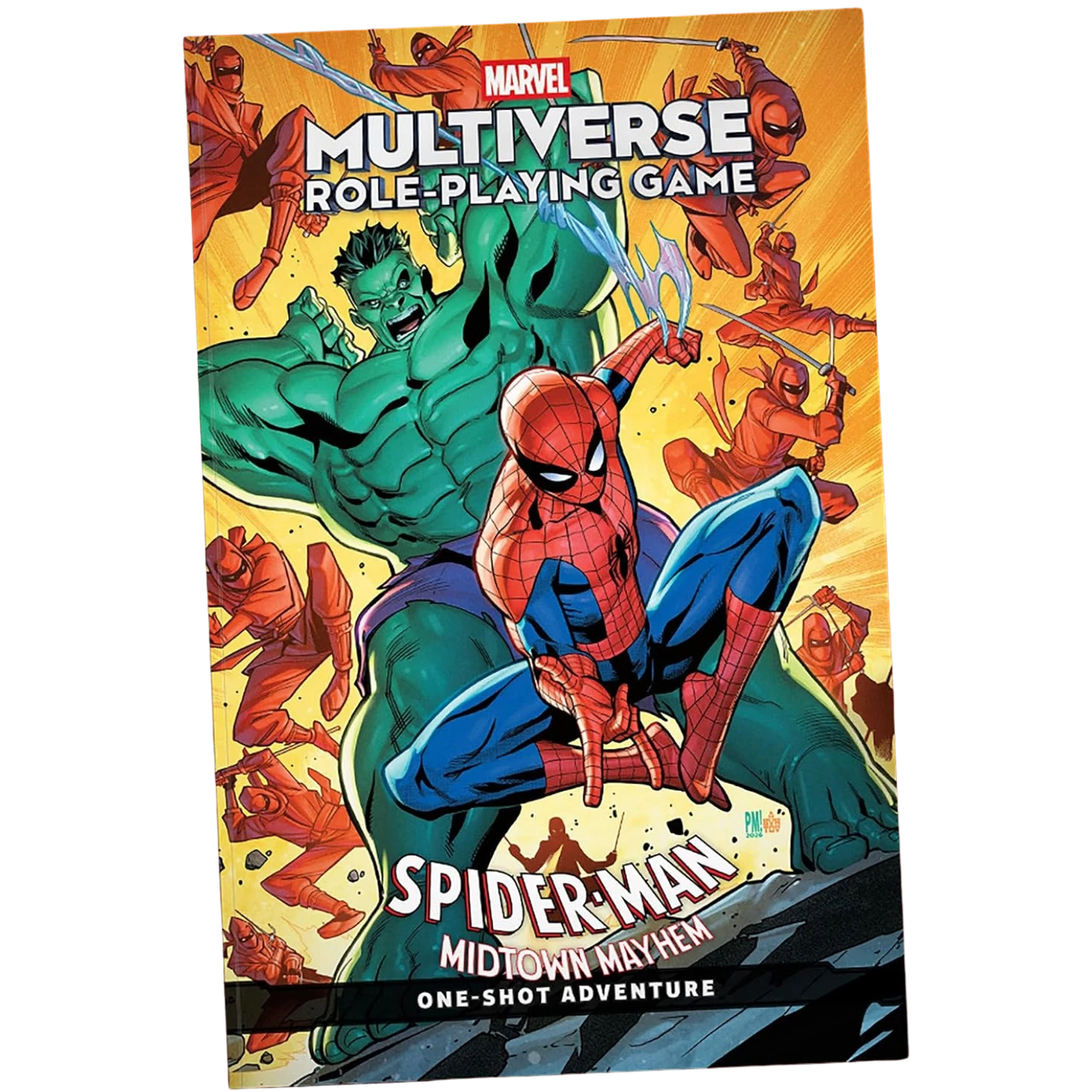 Marvel Multiverse RPG: One-Shot - Spider-Man Midtown Mayhem (PREORDER) - Brightly colored Marvel Multiverse RPG book cover featuring Spider-Man crouching on a green villain with dynamic orange.