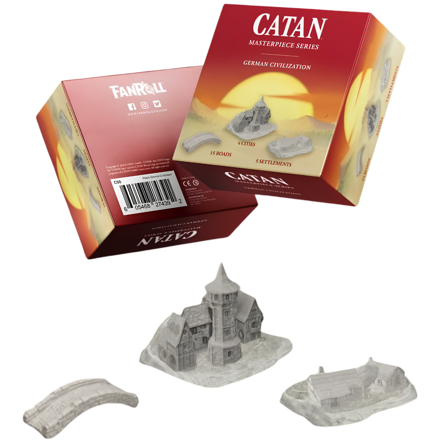 Catan Masterpiece Series: Plastic Civilization - German (PREORDER) - Set of detailed gray plastic miniatures including a German-style castle, bridge, and town buildings for Catan expansion.