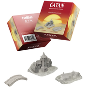 Catan Masterpiece Series: Plastic Civilization - German (PREORDER) - Set of detailed gray plastic miniatures including a German-style castle, bridge, and town buildings for Catan expansion.