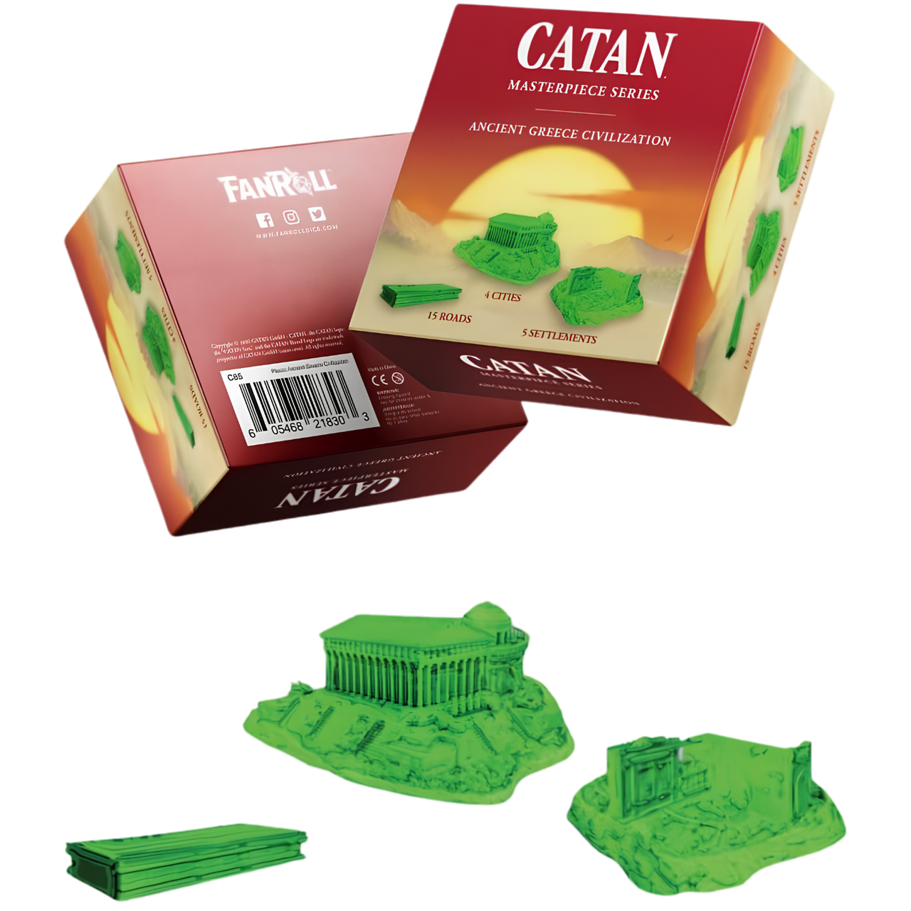 Catan Masterpiece Series: Plastic Civilization - Greece (PREORDER) - Green plastic miniature of ancient Greek buildings including a temple, amphitheater, and fortress on a gaming base.