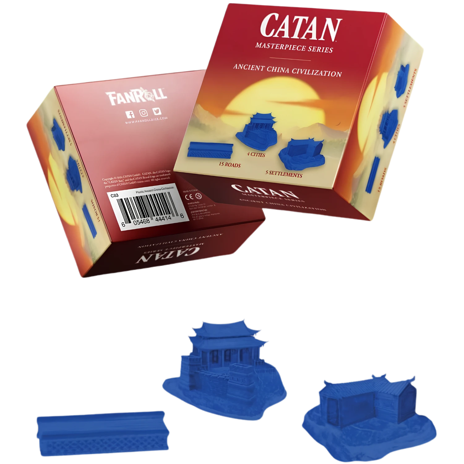 Catan Masterpiece Series: Plastic Civilization - China (PREORDER) - Blue plastic miniature game pieces shaped like ancient Chinese buildings for Catan expansion set.