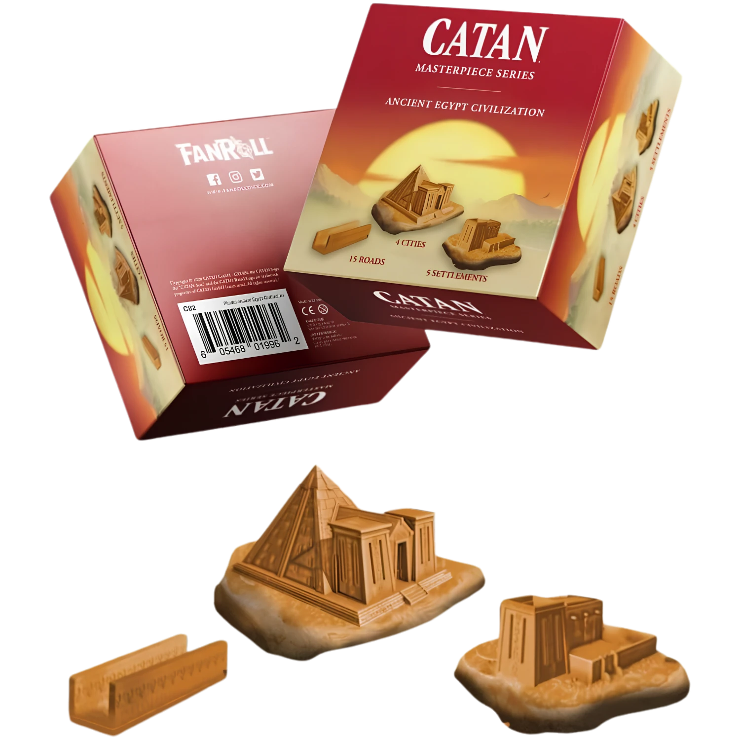 Catan Masterpiece Series: Plastic Civilization - Egypt (PREORDER) - Plastic miniature set featuring three detailed tan-colored ancient Egyptian buildings for Catan expansion, with red and.