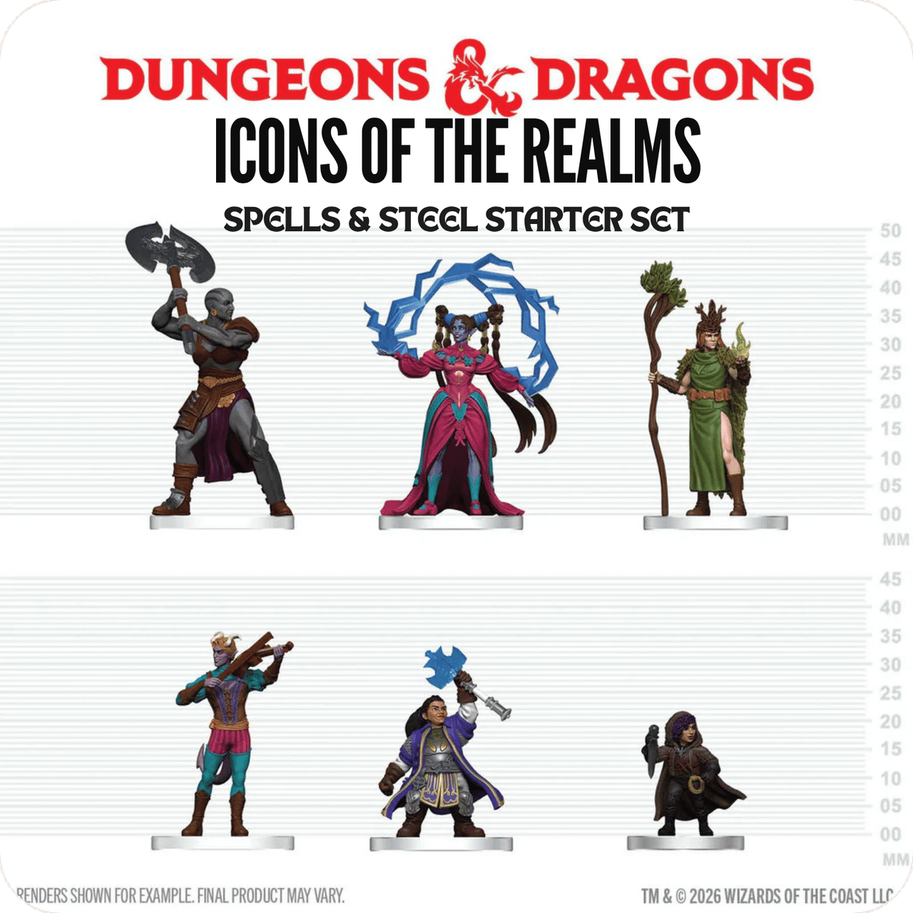 D&D Icons of the Realms: Player's Handbook Starter Set - Spells & Steel - Set of six detailed Dungeons & Dragons miniatures featuring warriors, spellcasters, and archers in dynamic poses with.