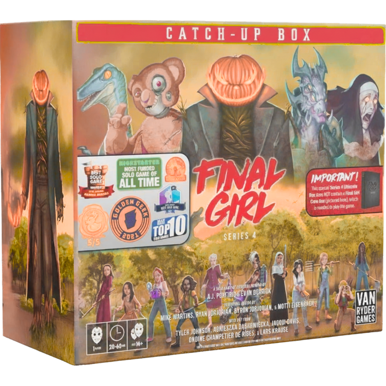 Final Girl: S4 Catchup Box (PREORDER) - Final Girl Series 4 Catch-Up Box with illustrated horror character portraits and game pieces on yellow and orange background.