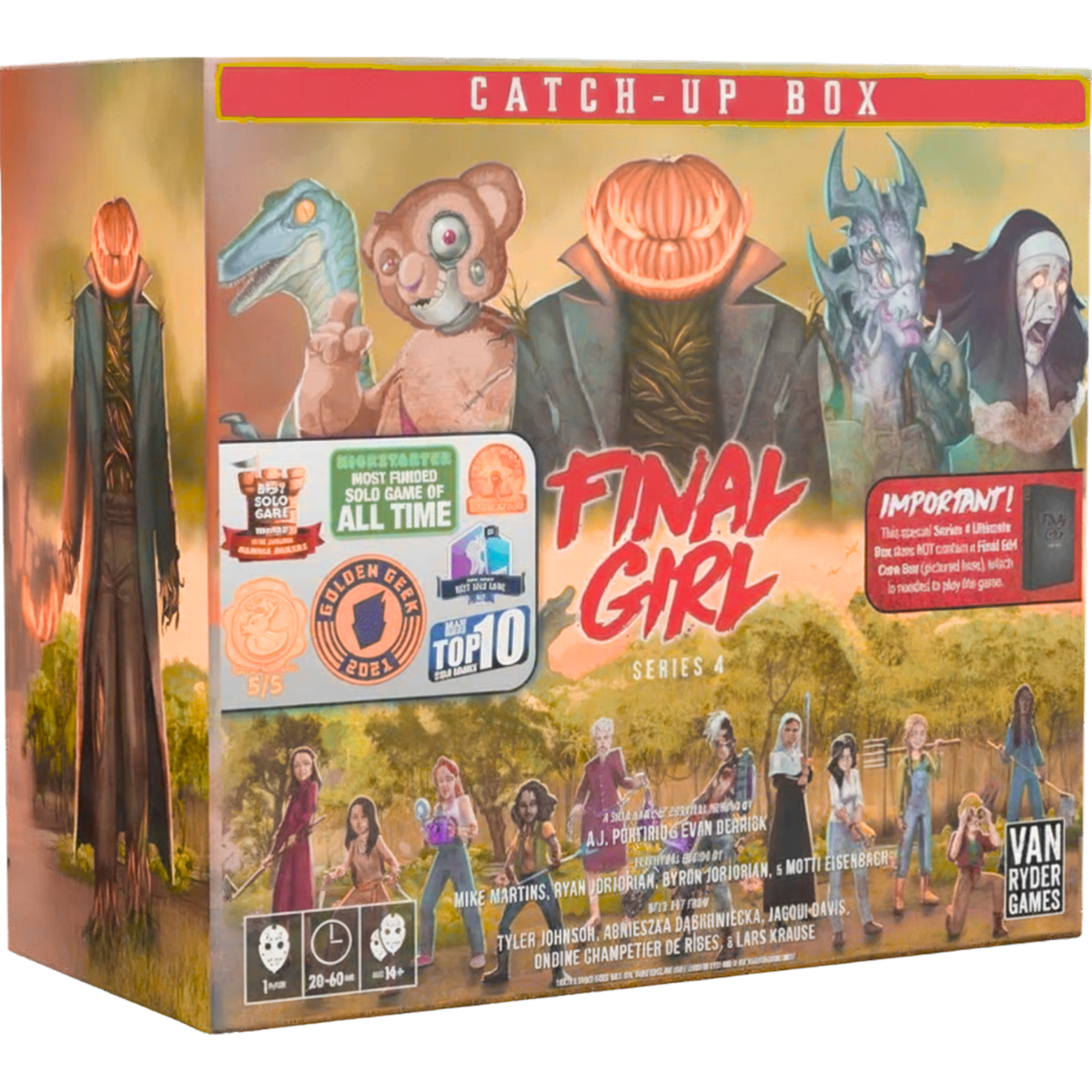 Final Girl: S4 Catchup Box (PREORDER) - Final Girl Series 4 Catch-Up Box with illustrated horror character portraits and game pieces on yellow and orange background.