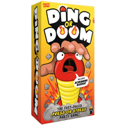 Ding or Doom - Bright orange rectangular box for Ding or Doom party game featuring a cartoon scared red face with a yellow spinner on its.