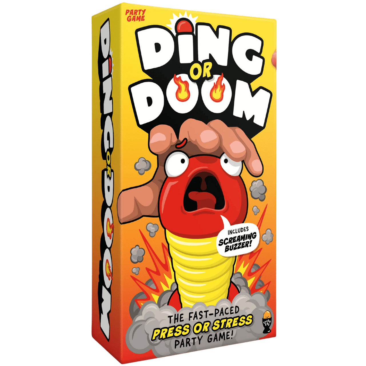 Ding or Doom - Bright orange rectangular box for Ding or Doom party game featuring a cartoon scared red face with a yellow spinner on its.