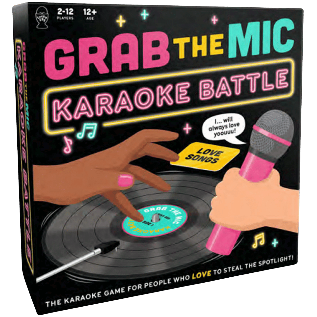 Grab The Mic: Karaoke Battle - Colorful karaoke battle game box featuring a stylized hand on a vinyl record and a microphone with neon text.