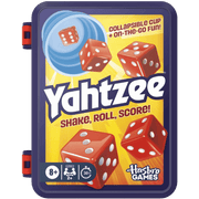 Yahtzee Refresh - Compact purple and orange travel case for Yahtzee with dice and scoring cup illustration on the front.
