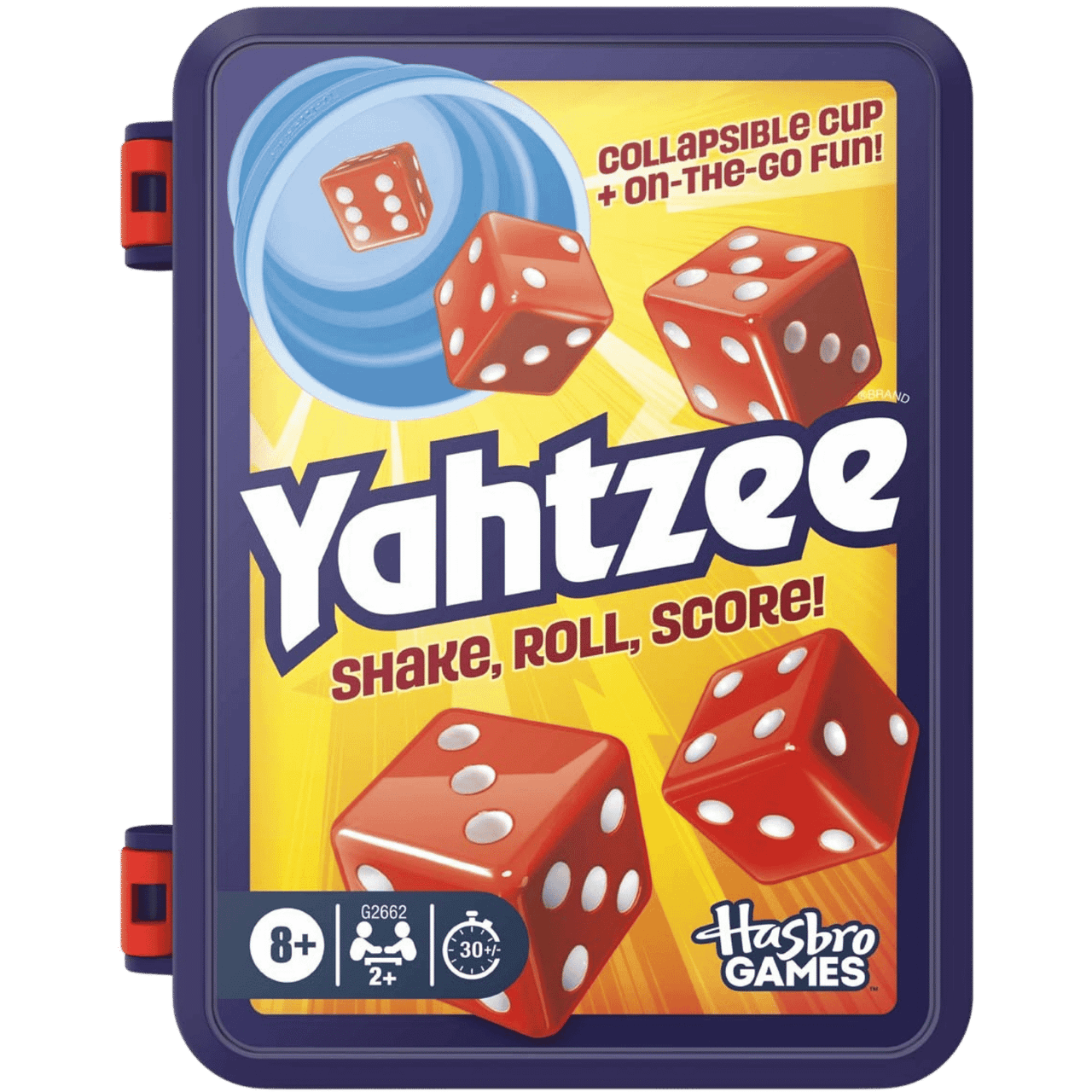 Yahtzee Refresh - Compact purple and orange travel case for Yahtzee with dice and scoring cup illustration on the front.