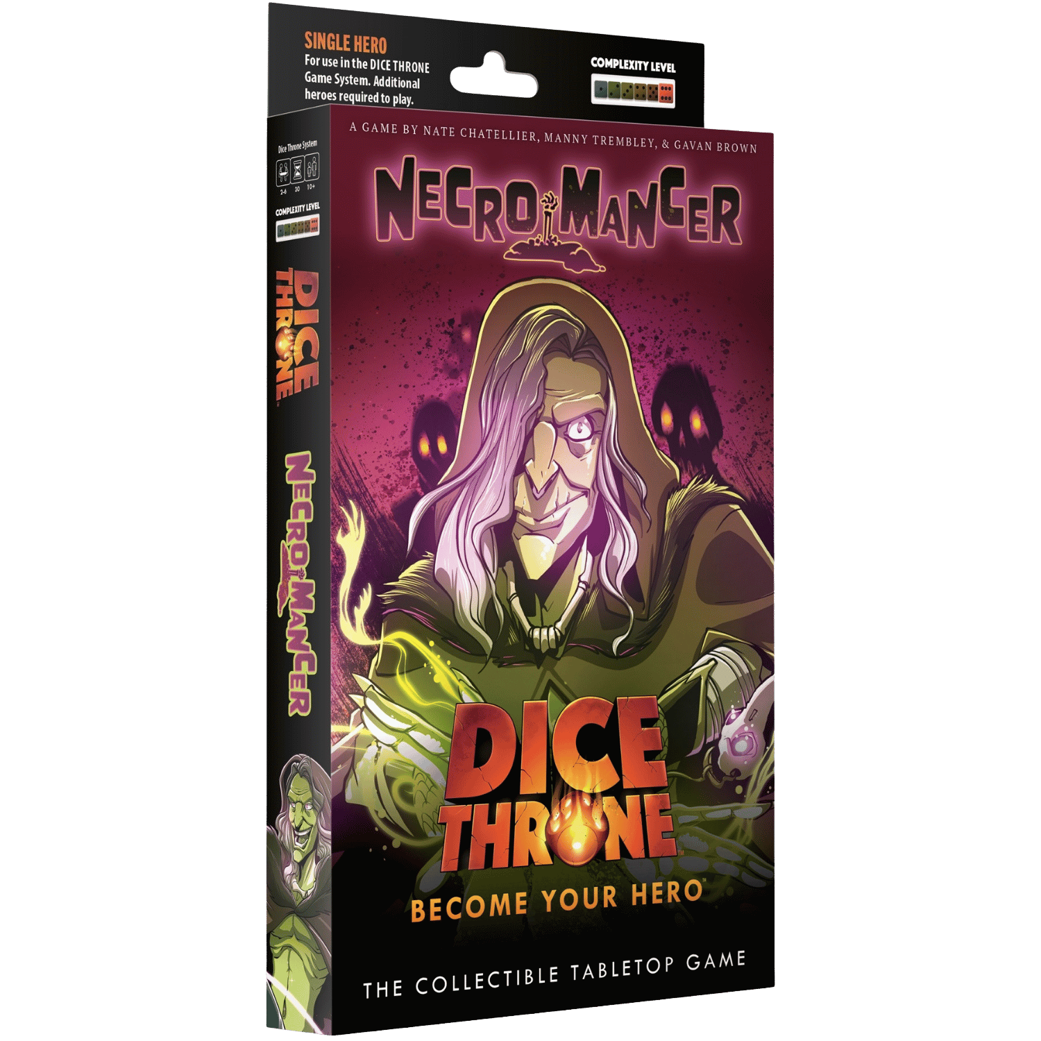 Dice Throne: Hero Pack - Necromancer (PREORDER) - Dice Throne Hero Pack featuring Necromancer with purple hood, glowing green magic, and dark shadows on card box.