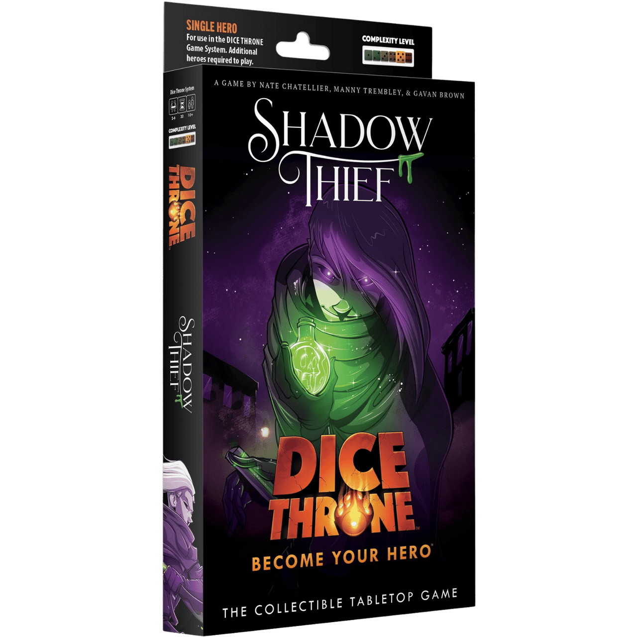 Dice Throne: Hero Pack - Shadow Thief (PREORDER) - Dark-themed Dice Throne expansion pack box featuring a cloaked figure with glowing green hands and purple accents.