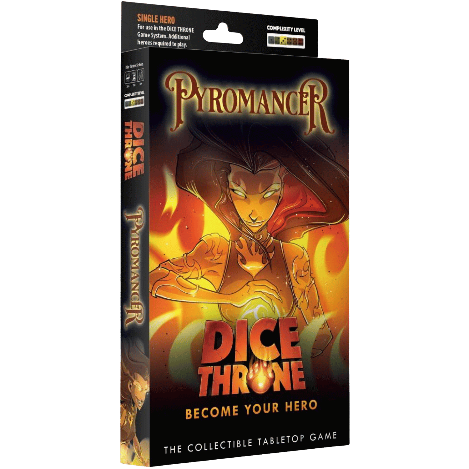 Dice Throne: Hero Pack - Pyromancer (PREORDER) - Dice Throne Pyromancer expansion pack box featuring fiery female character with glowing orange flames and dark background.