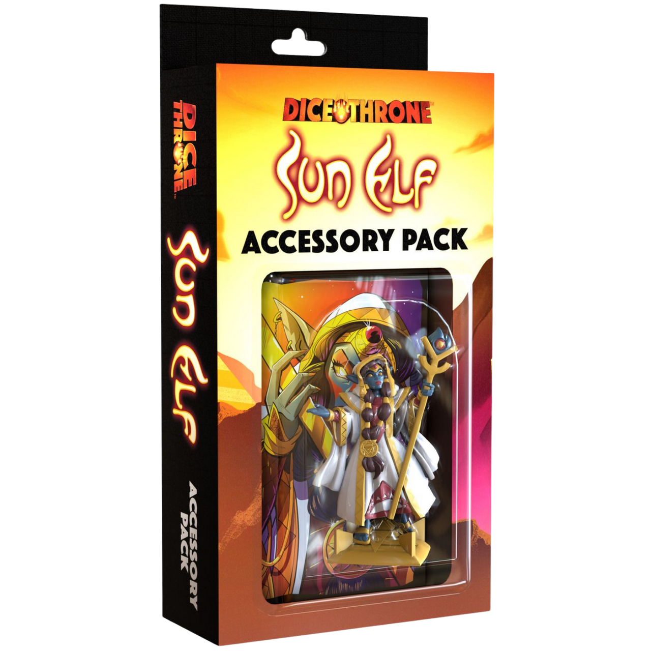 Dice Throne: Accessory Pack - Sun Elf (PREORDER) - Dice Throne Sun Elf accessory pack with colorful elf character figurine in transparent blister packaging and fiery.