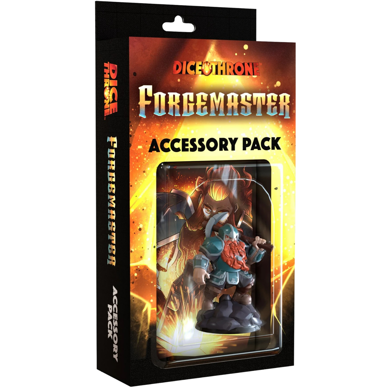 Dice Throne: Accessory Pack - Forgemaster (PREORDER) - Dice Throne Forgemaster Accessory Pack in black blister packaging with fiery orange and yellow graphic background and.