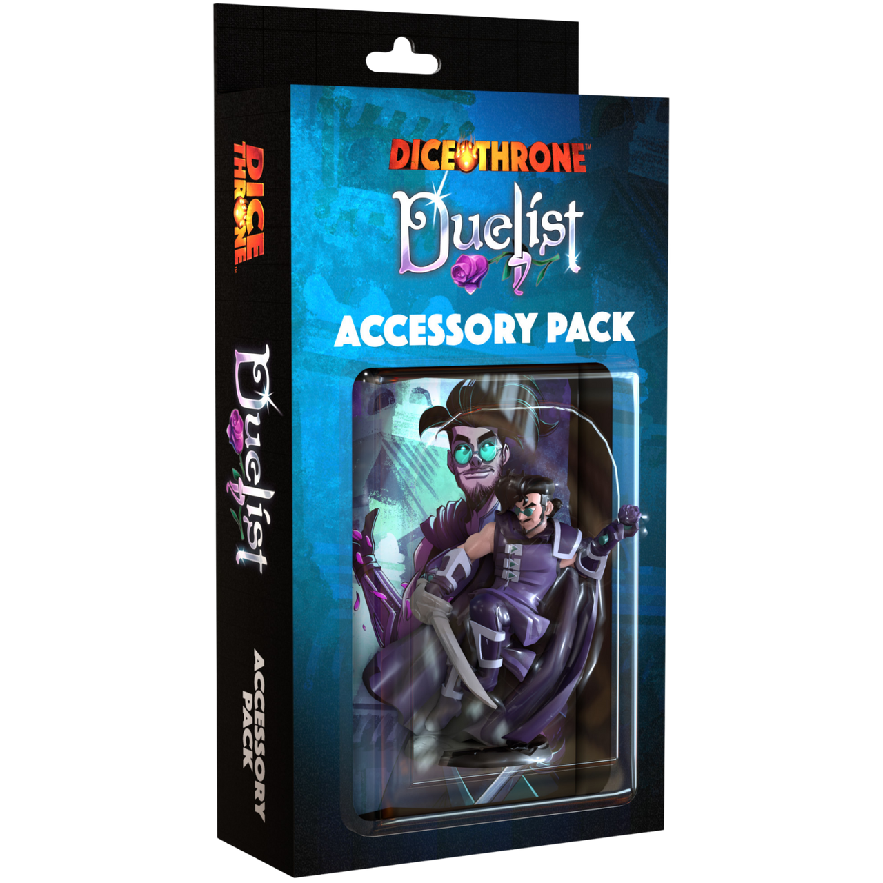 Dice Throne: Accessory Pack - Duelist (PREORDER) - Dice Throne Duelist Accessory Pack box featuring dark blue and black design with colorful character artwork and transparent.