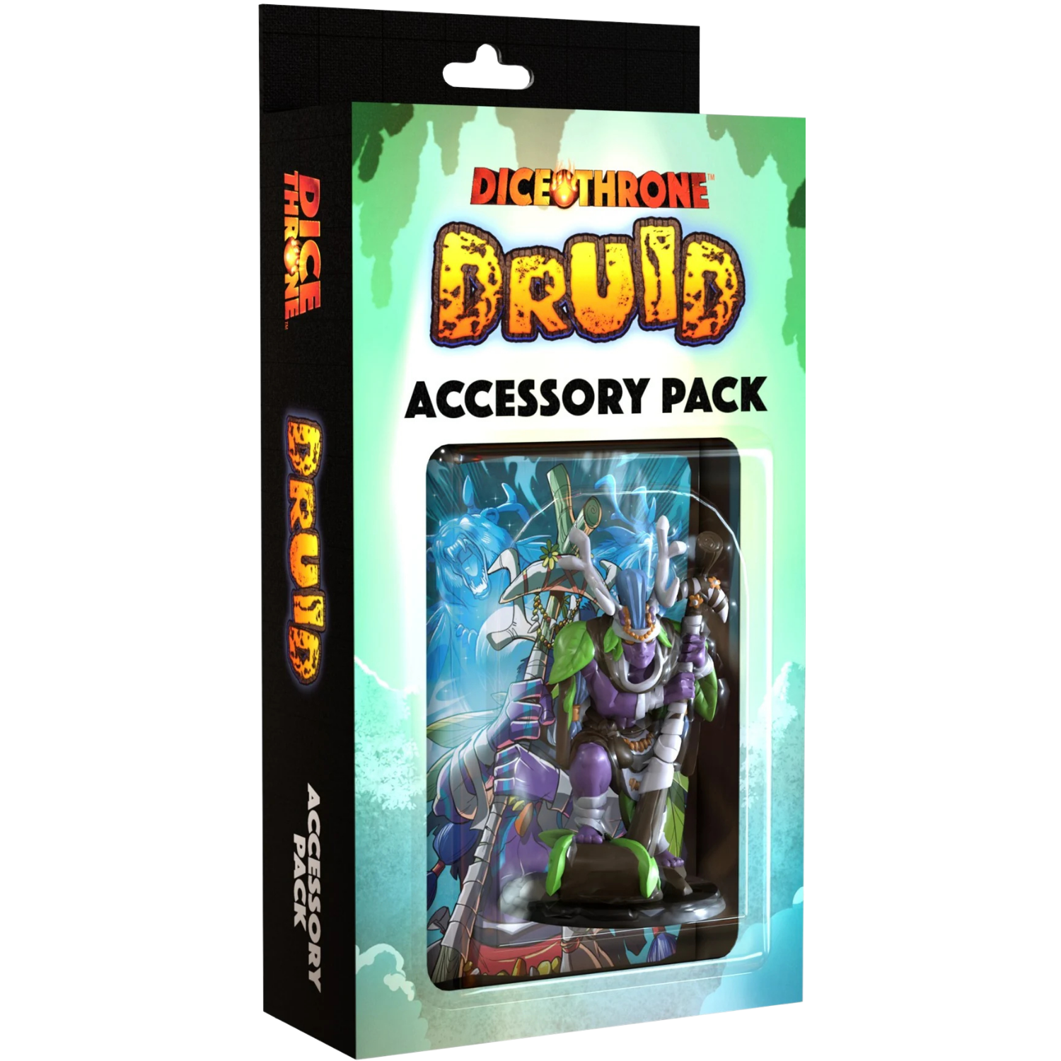 Dice Throne: Accessory Pack - Druid (PREORDER) - Dice Throne Druid Accessory Pack with colorful fantasy character figurine in purple and green armor in clear display box.