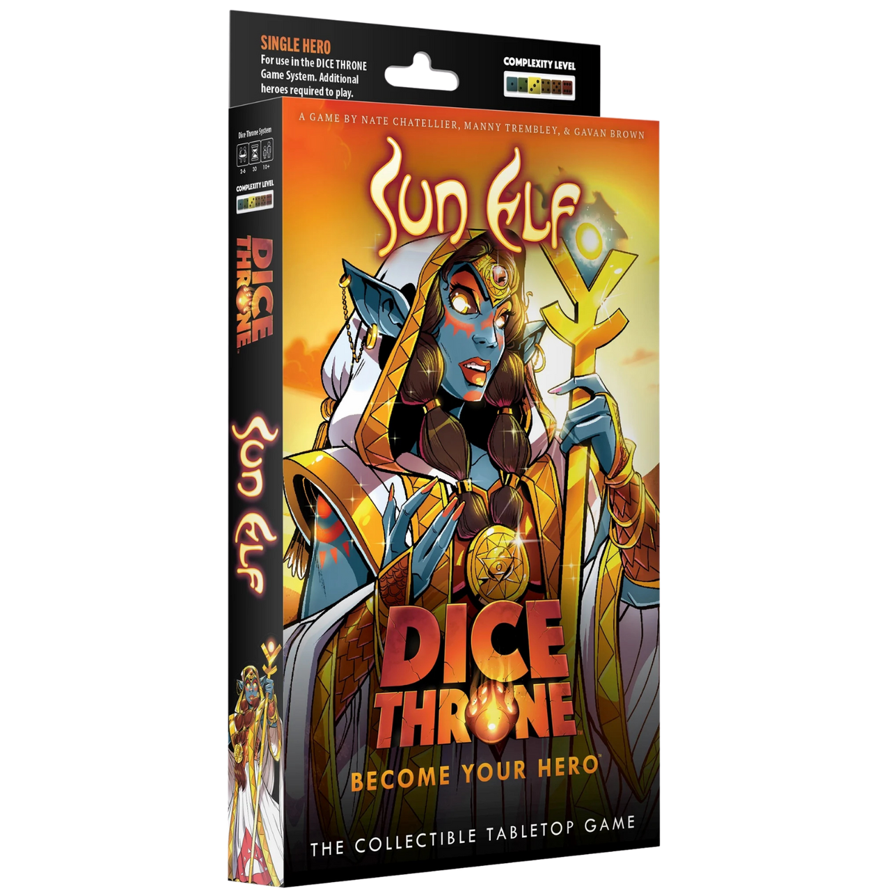 Dice Throne: Hero Pack - Sun Elf (PREORDER) - Dice Throne Hero Pack - Sun Elf with colorful fantasy artwork of a blue-skinned elf holding a glowing staff on vibrant.