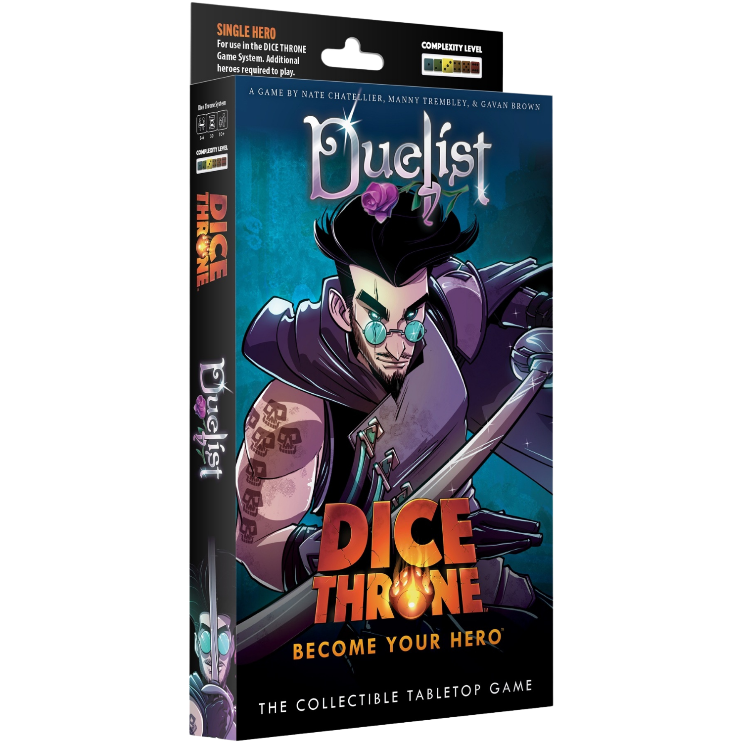 Dice Throne: Hero Pack - Duelist (PREORDER) - Dice Throne Duelist Hero Pack box featuring a stylized male warrior with purple armor and glowing blue eyes wielding a.