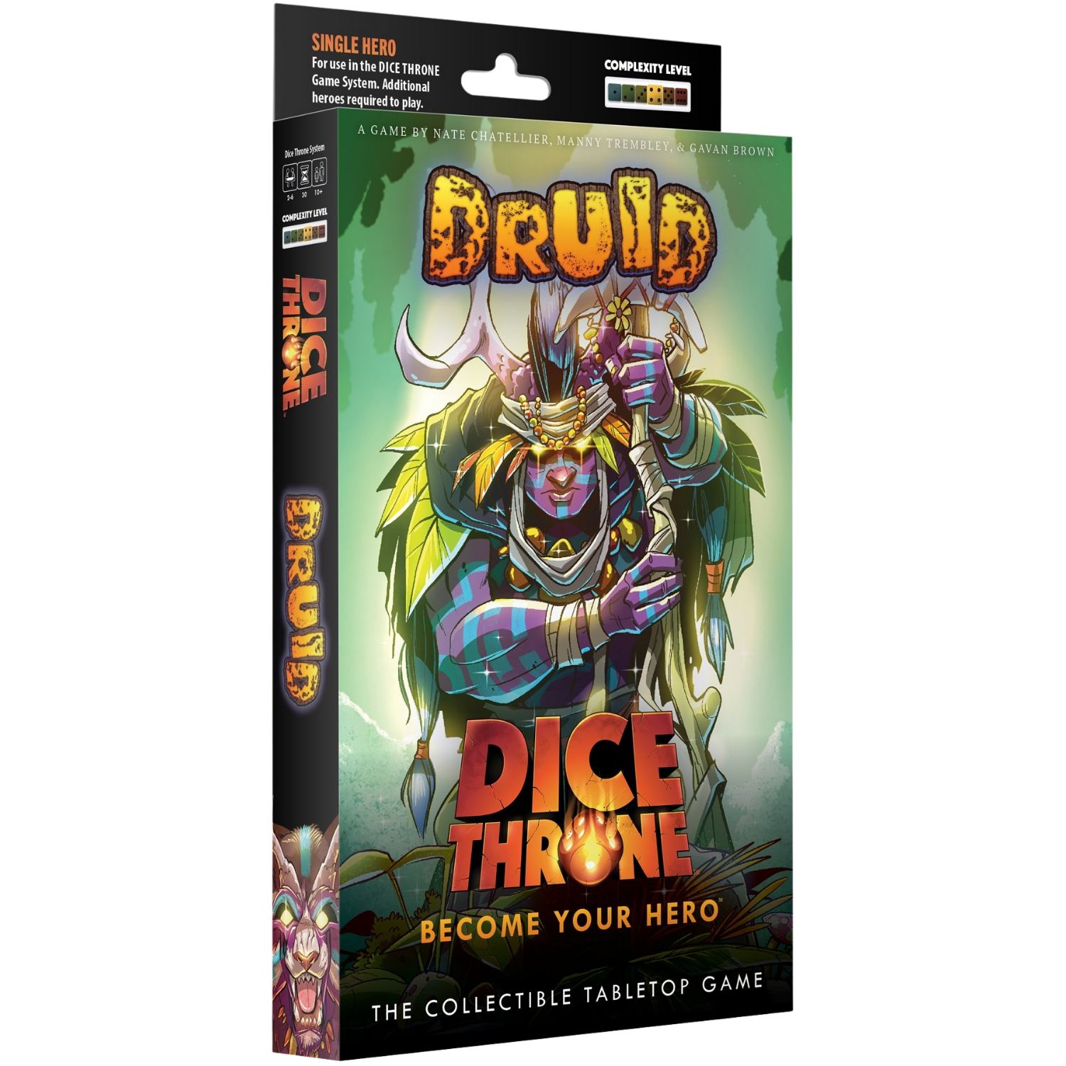 Dice Throne: Hero Pack - Druid (PREORDER) - Dice Throne Druid Hero Pack box featuring a colorful armored druid with horns and glowing eyes on a dark forest background.