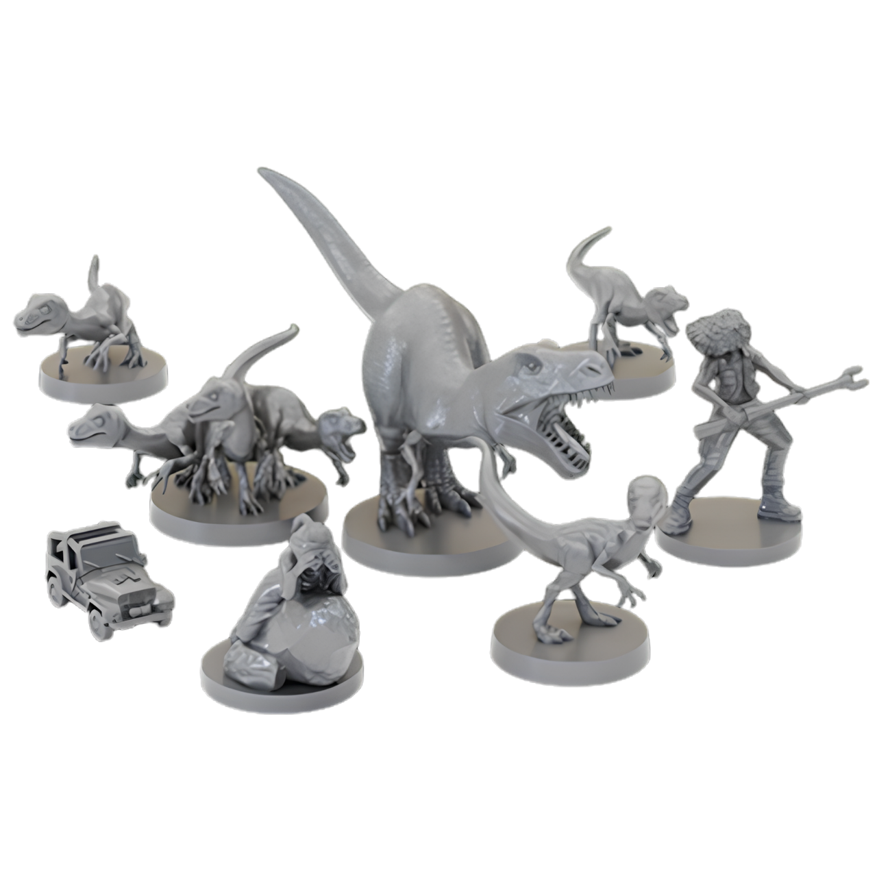 Final Girl: The Raptor Games Miniatures (PREORDER) - Gray plastic miniatures featuring a large roaring raptor, four smaller raptors, a female survivalist with spear, a small.