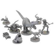 Final Girl: The Raptor Games Miniatures (PREORDER) - Gray plastic miniatures featuring a large roaring raptor, four smaller raptors, a female survivalist with spear, a small.